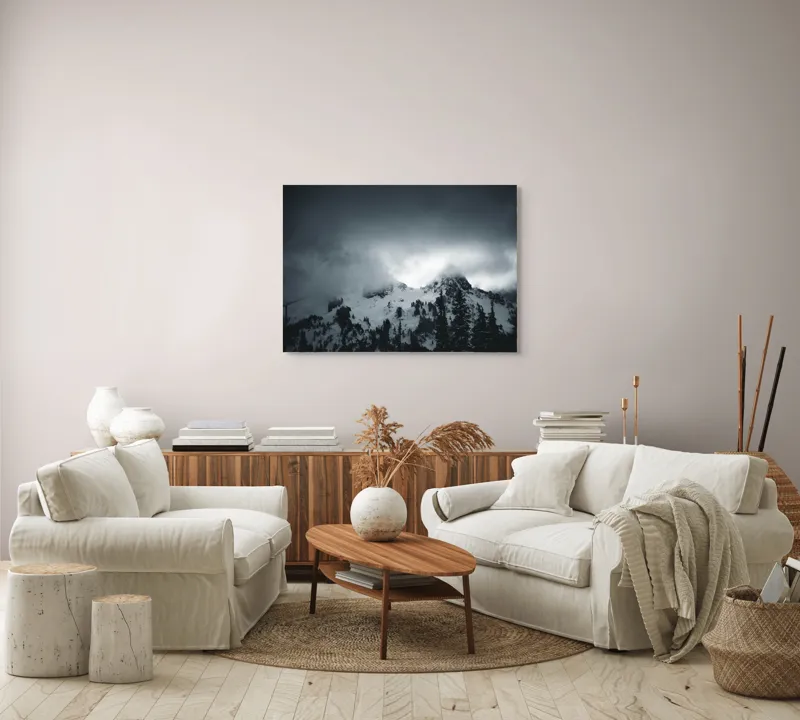 Tablou Canvas, "Vârfuri ascunse sub nori întunecați", Nor, Munte, Zăpadă, Ceață, Întuneric, 100 x 70 cm – poza 3