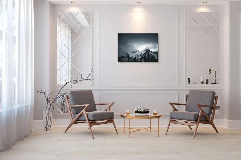 Tablou Canvas, "Vârfuri ascunse sub nori întunecați", Nor, Munte, Zăpadă, Ceață, Întuneric, 100 x 70 cm – poza 5