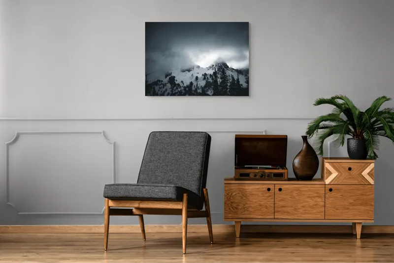 Tablou Canvas, "Vârfuri ascunse sub nori întunecați", Nor, Munte, Zăpadă, Ceață, Întuneric, 100 x 70 cm – poza 8