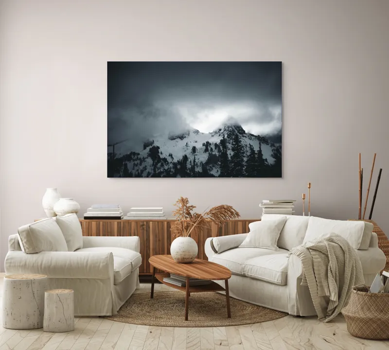 Tablou Canvas, "Vârfuri ascunse sub nori întunecați", Nor, Munte, Zăpadă, Ceață, Întuneric, 150 x 100 cm – poza 3