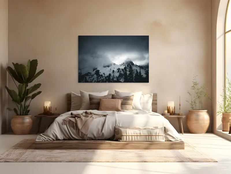 Tablou Canvas, "Vârfuri ascunse sub nori întunecați", Nor, Munte, Zăpadă, Ceață, Întuneric, 150 x 100 cm – poza 4