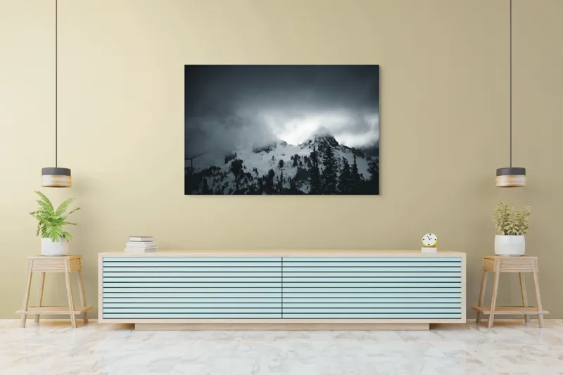 Tablou Canvas, "Vârfuri ascunse sub nori întunecați", Nor, Munte, Zăpadă, Ceață, Întuneric, 150 x 100 cm – poza 6