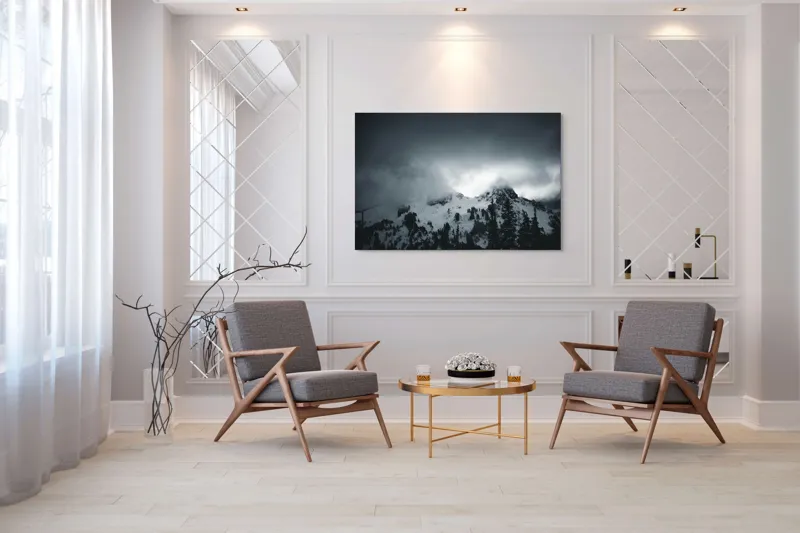Tablou Canvas, "Vârfuri ascunse sub nori întunecați", Nor, Munte, Zăpadă, Ceață, Întuneric, 150 x 100 cm – poza 7
