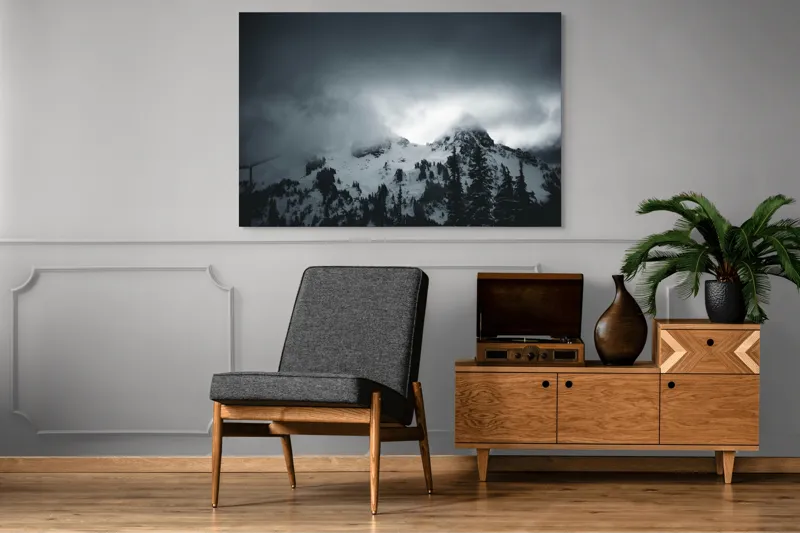 Tablou Canvas, "Vârfuri ascunse sub nori întunecați", Nor, Munte, Zăpadă, Ceață, Întuneric, 150 x 100 cm – poza 8