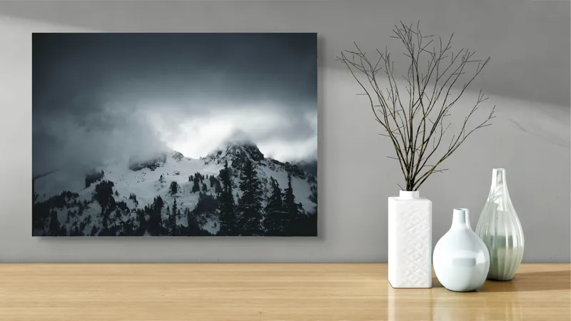 Tablou Canvas, "Vârfuri ascunse sub nori întunecați", Nor, Munte, Zăpadă, Ceață, Întuneric, 70 x 50 cm – poza 3