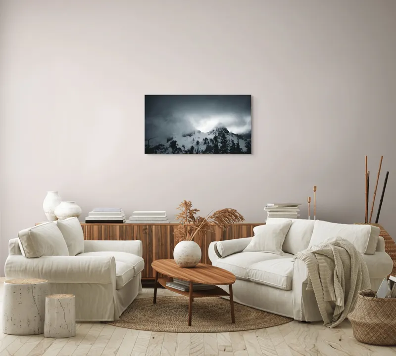Tablou Canvas, "Vârfuri ascunse sub nori întunecați", Nor, Munte, Zăpadă, Ceață, Întuneric, 90 x 50 cm – poza 4
