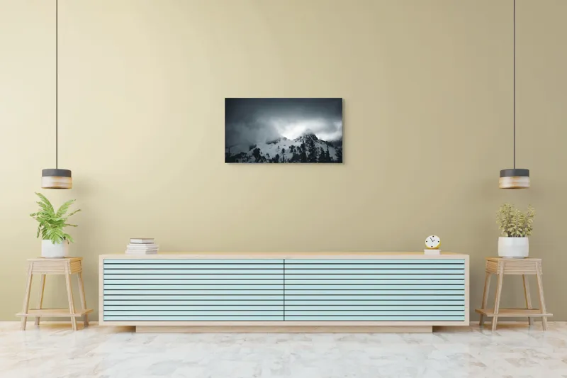 Tablou Canvas, "Vârfuri ascunse sub nori întunecați", Nor, Munte, Zăpadă, Ceață, Întuneric, 90 x 50 cm – poza 5