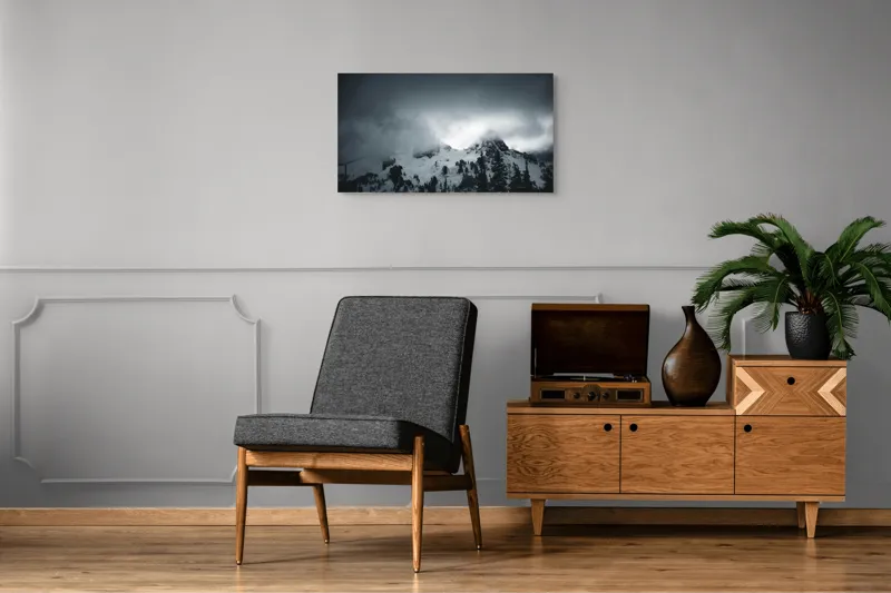 Tablou Canvas, "Vârfuri ascunse sub nori întunecați", Nor, Munte, Zăpadă, Ceață, Întuneric, 90 x 50 cm – poza 6