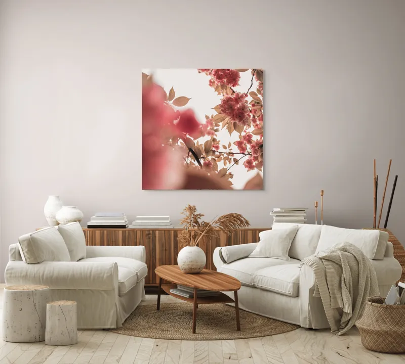 Tablou Canvas, "Petale de cireș sub cer senin", Flori, Ramuri, Cer, Roz, Frunze, Lumina, Primavara, Delicat, Calm, Natură, 100 x 100 cm – poza 3