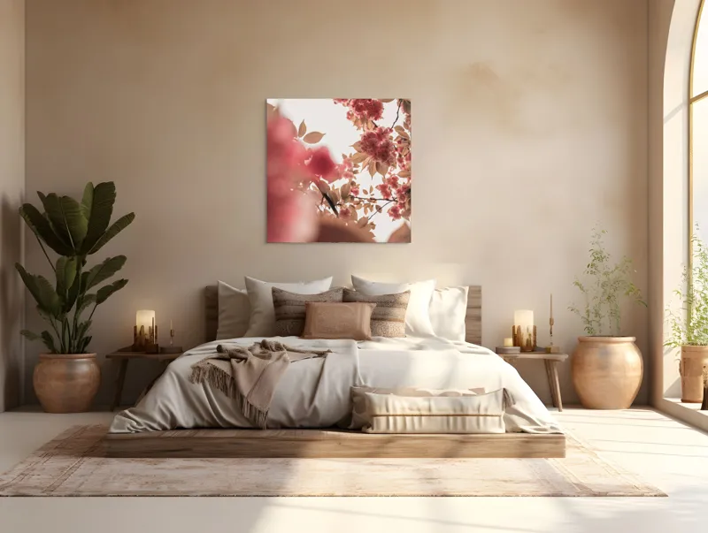 Tablou Canvas, "Petale de cireș sub cer senin", Flori, Ramuri, Cer, Roz, Frunze, Lumina, Primavara, Delicat, Calm, Natură, 100 x 100 cm – poza 4