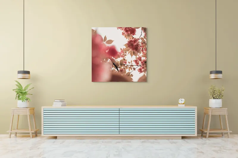 Tablou Canvas, "Petale de cireș sub cer senin", Flori, Ramuri, Cer, Roz, Frunze, Lumina, Primavara, Delicat, Calm, Natură, 100 x 100 cm – poza 5