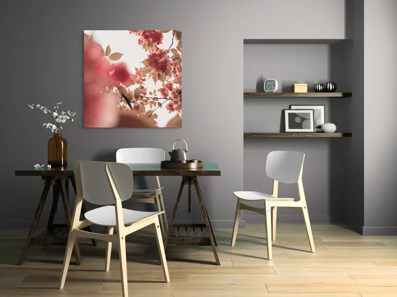 Tablou Canvas, "Petale de cireș sub cer senin", Flori, Ramuri, Cer, Roz, Frunze, Lumina, Primavara, Delicat, Calm, Natură, 100 x 100 cm – poza 6