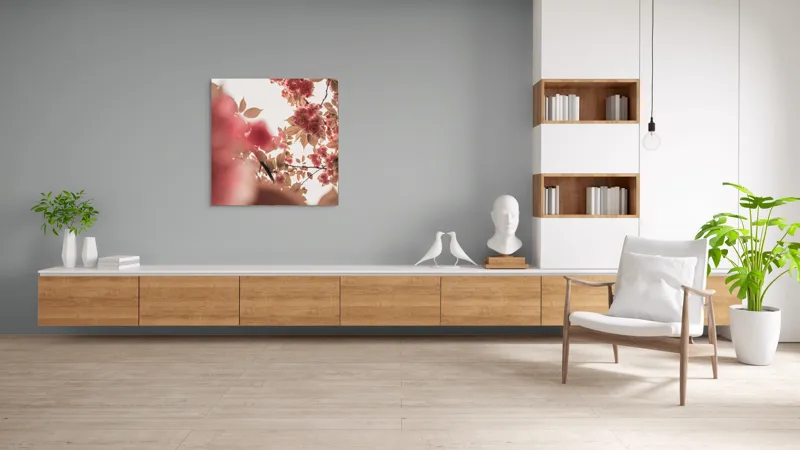 Tablou Canvas, "Petale de cireș sub cer senin", Flori, Ramuri, Cer, Roz, Frunze, Lumina, Primavara, Delicat, Calm, Natură, 100 x 100 cm – poza 8