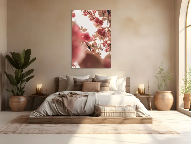 Tablou Canvas, "Petale de cireș sub cer senin", Flori, Ramuri, Cer, Roz, Frunze, Lumina, Primavara, Delicat, Calm, Natură, 100 x 150 cm – poza 3
