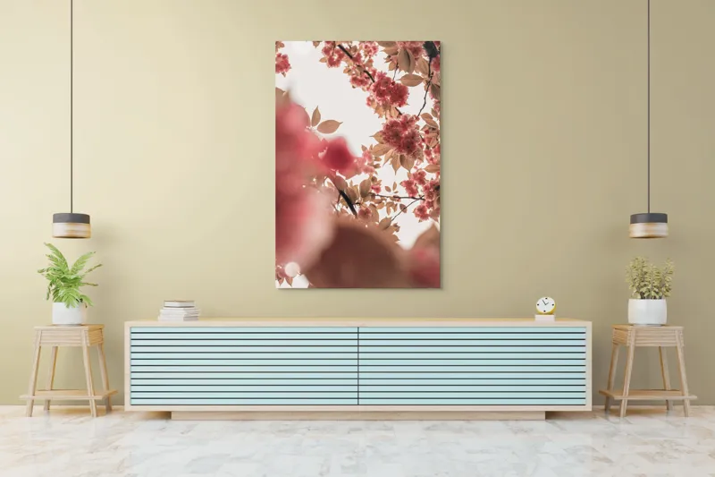Tablou Canvas, "Petale de cireș sub cer senin", Flori, Ramuri, Cer, Roz, Frunze, Lumina, Primavara, Delicat, Calm, Natură, 100 x 150 cm – poza 4