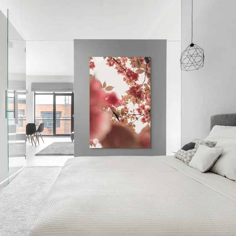 Tablou Canvas, "Petale de cireș sub cer senin", Flori, Ramuri, Cer, Roz, Frunze, Lumina, Primavara, Delicat, Calm, Natură, 100 x 150 cm – poza 5