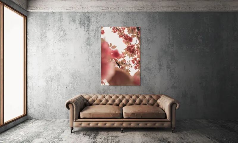 Tablou Canvas, "Petale de cireș sub cer senin", Flori, Ramuri, Cer, Roz, Frunze, Lumina, Primavara, Delicat, Calm, Natură, 100 x 150 cm – poza 6