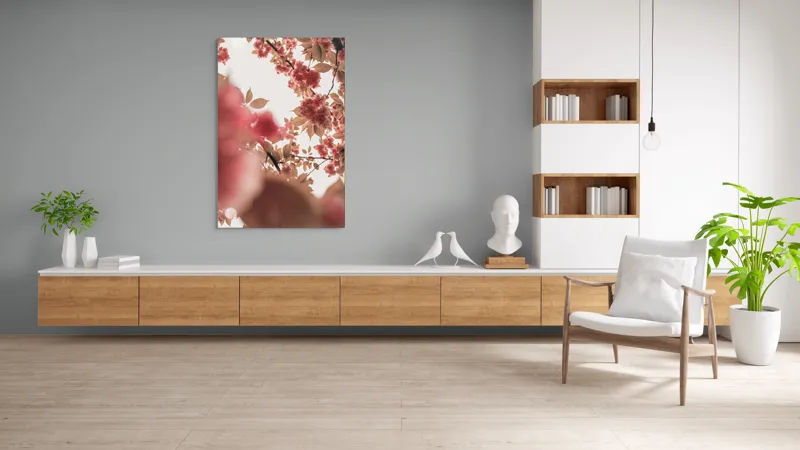 Tablou Canvas, "Petale de cireș sub cer senin", Flori, Ramuri, Cer, Roz, Frunze, Lumina, Primavara, Delicat, Calm, Natură, 100 x 150 cm – poza 8