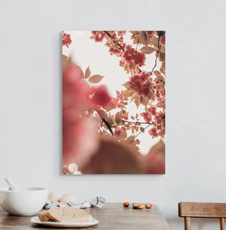 Tablou Canvas, "Petale de cireș sub cer senin", Flori, Ramuri, Cer, Roz, Frunze, Lumina, Primavara, Delicat, Calm, Natură, 50 x 70 cm – poza 3