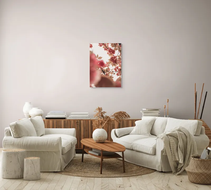 Tablou Canvas, "Petale de cireș sub cer senin", Flori, Ramuri, Cer, Roz, Frunze, Lumina, Primavara, Delicat, Calm, Natură, 50 x 70 cm – poza 4