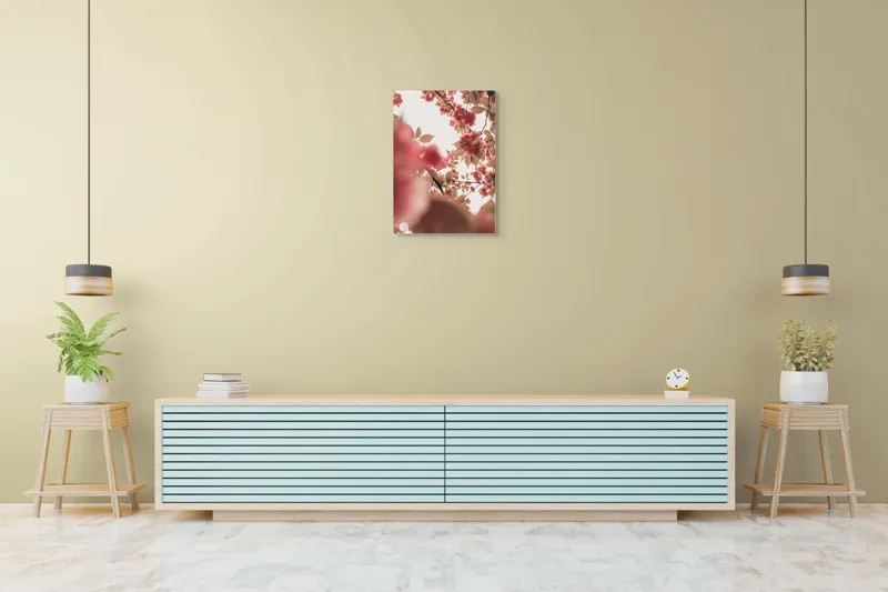 Tablou Canvas, "Petale de cireș sub cer senin", Flori, Ramuri, Cer, Roz, Frunze, Lumina, Primavara, Delicat, Calm, Natură, 50 x 70 cm – poza 6