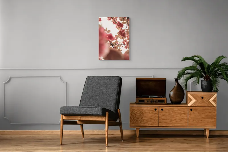 Tablou Canvas, "Petale de cireș sub cer senin", Flori, Ramuri, Cer, Roz, Frunze, Lumina, Primavara, Delicat, Calm, Natură, 50 x 70 cm – poza 8