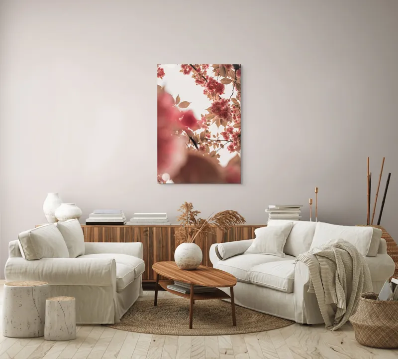 Tablou Canvas, "Petale de cireș sub cer senin", Flori, Ramuri, Cer, Roz, Frunze, Lumina, Primavara, Delicat, Calm, Natură, 70 x 100 cm – poza 4
