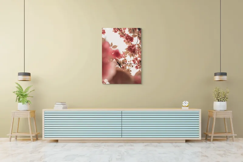 Tablou Canvas, "Petale de cireș sub cer senin", Flori, Ramuri, Cer, Roz, Frunze, Lumina, Primavara, Delicat, Calm, Natură, 70 x 100 cm – poza 5