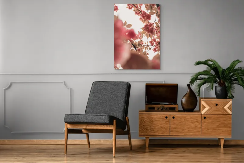 Tablou Canvas, "Petale de cireș sub cer senin", Flori, Ramuri, Cer, Roz, Frunze, Lumina, Primavara, Delicat, Calm, Natură, 70 x 100 cm – poza 6