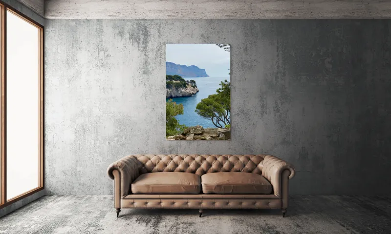 Tablou Canvas, "Priveliște marină cu stânci și pini", Pini, Mare, Stânci, Albastru, Peisaj, Coasta, Natură, Cer, Vegetație, 100 x 150 cm – poza 6