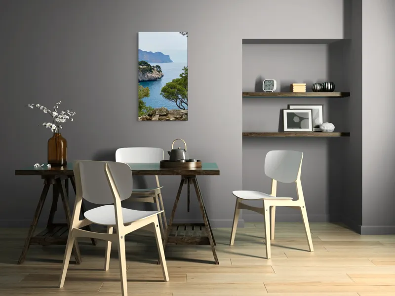 Tablou Canvas, "Priveliște marină cu stânci și pini", Pini, Mare, Stânci, Albastru, Peisaj, Coasta, Natură, Cer, Vegetație, 50 x 90 cm – poza 4
