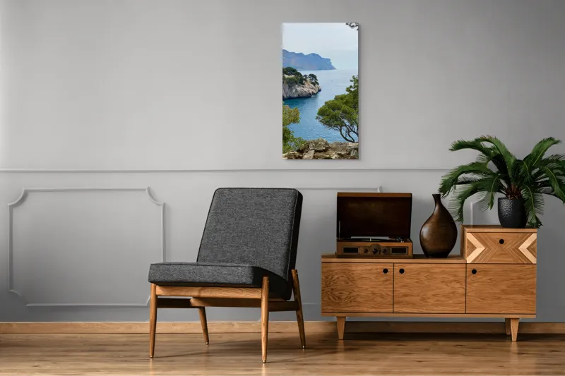 Tablou Canvas, "Priveliște marină cu stânci și pini", Pini, Mare, Stânci, Albastru, Peisaj, Coasta, Natură, Cer, Vegetație, 50 x 90 cm – poza 8