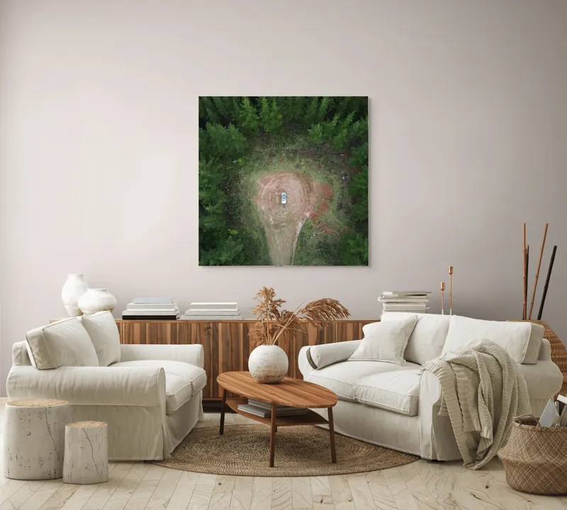 Tablou Canvas, "Mașina solitară în mijlocul pădurii", Mașină, Pădure, Vedere, Aeriană, Linie, Claritate, Contemplare, Natură, 100 x 100 cm – poza 3
