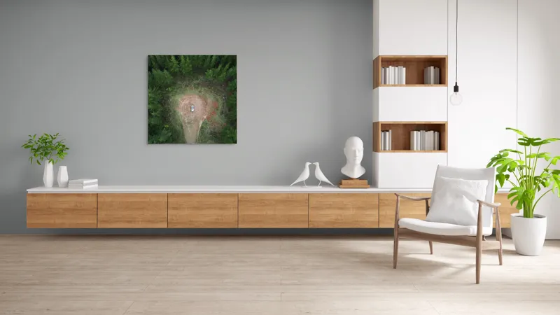 Tablou Canvas, "Mașina solitară în mijlocul pădurii", Mașină, Pădure, Vedere, Aeriană, Linie, Claritate, Contemplare, Natură, 100 x 100 cm – poza 8