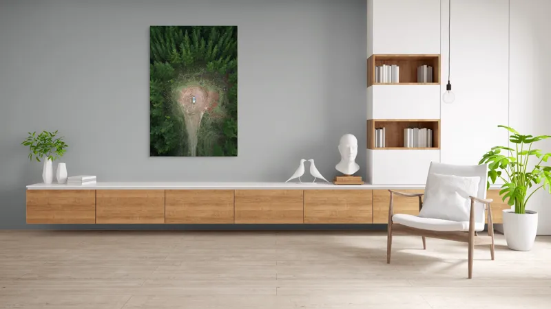 Tablou Canvas, "Mașina solitară în mijlocul pădurii", Mașină, Pădure, Vedere, Aeriană, Linie, Claritate, Contemplare, Natură, 100 x 150 cm – poza 8