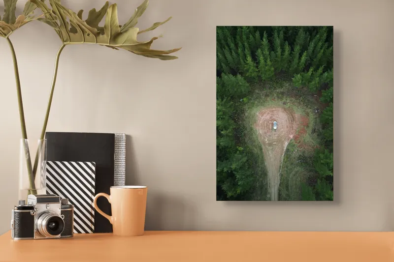 Tablou Canvas, "Mașina solitară în mijlocul pădurii", Mașină, Pădure, Vedere, Aeriană, Linie, Claritate, Contemplare, Natură, 26 x 39 cm – poza 3
