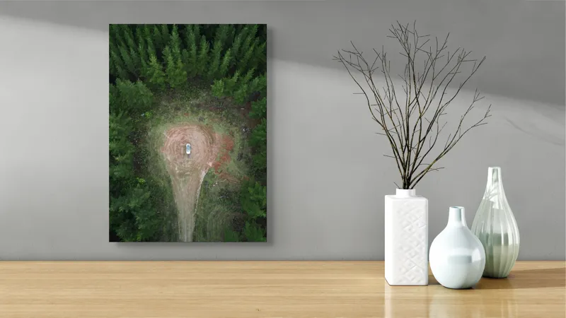 Tablou Canvas, "Mașina solitară în mijlocul pădurii", Mașină, Pădure, Vedere, Aeriană, Linie, Claritate, Contemplare, Natură, 39 x 54 cm – poza 4