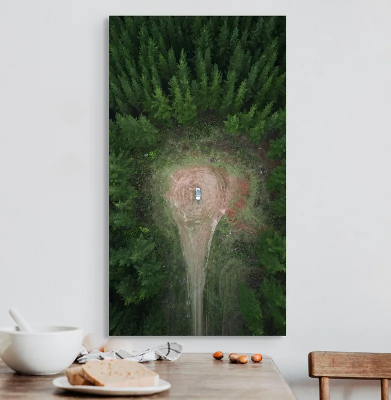 Tablou Canvas, "Mașina solitară în mijlocul pădurii", Mașină, Pădure, Vedere, Aeriană, Linie, Claritate, Contemplare, Natură, 50 x 90 cm – poza 3