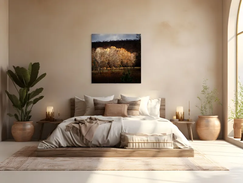 Tablou Canvas, "Strălucirea toamnei în pădurea liniștită", Natura, Toamnă, Pădure, Lumină, Copaci, Frunze, Umbre, Peisaj, 100 x 100 cm – poza 4