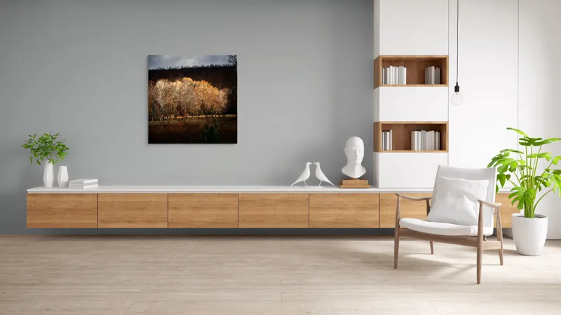 Tablou Canvas, "Strălucirea toamnei în pădurea liniștită", Natura, Toamnă, Pădure, Lumină, Copaci, Frunze, Umbre, Peisaj, 100 x 100 cm – poza 8