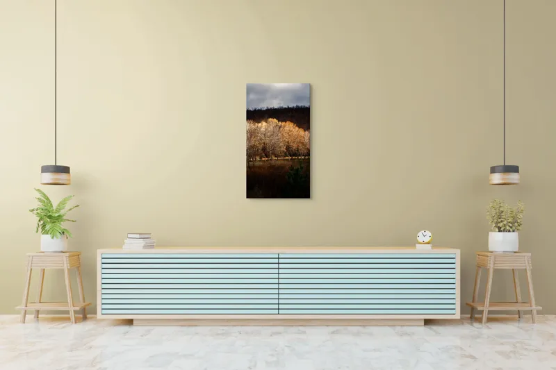 Tablou Canvas, "Strălucirea toamnei în pădurea liniștită", Natura, Toamnă, Pădure, Lumină, Copaci, Frunze, Umbre, Peisaj, 50 x 90 cm – poza 6