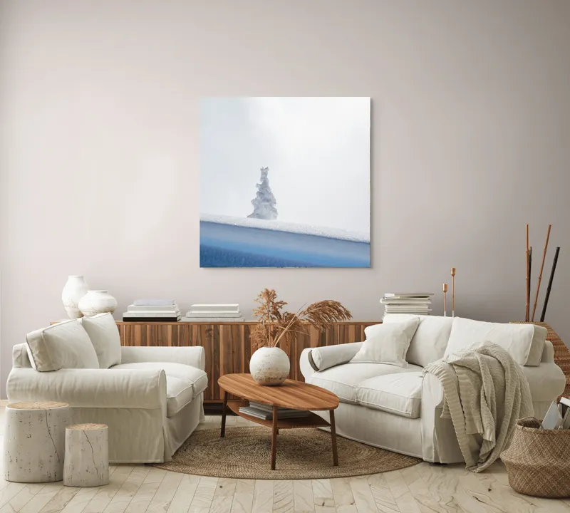Tablou Canvas, "Singuraticul brad acoperit de nea", Alb, Singuratic, Înghețat, Cer, Tăcut, Contrastant, Peisaj., 100 x 100 cm – poza 3