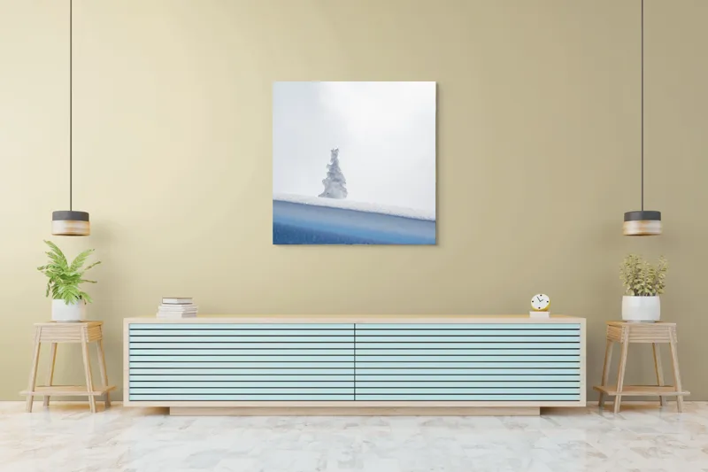 Tablou Canvas, "Singuraticul brad acoperit de nea", Alb, Singuratic, Înghețat, Cer, Tăcut, Contrastant, Peisaj., 100 x 100 cm – poza 5