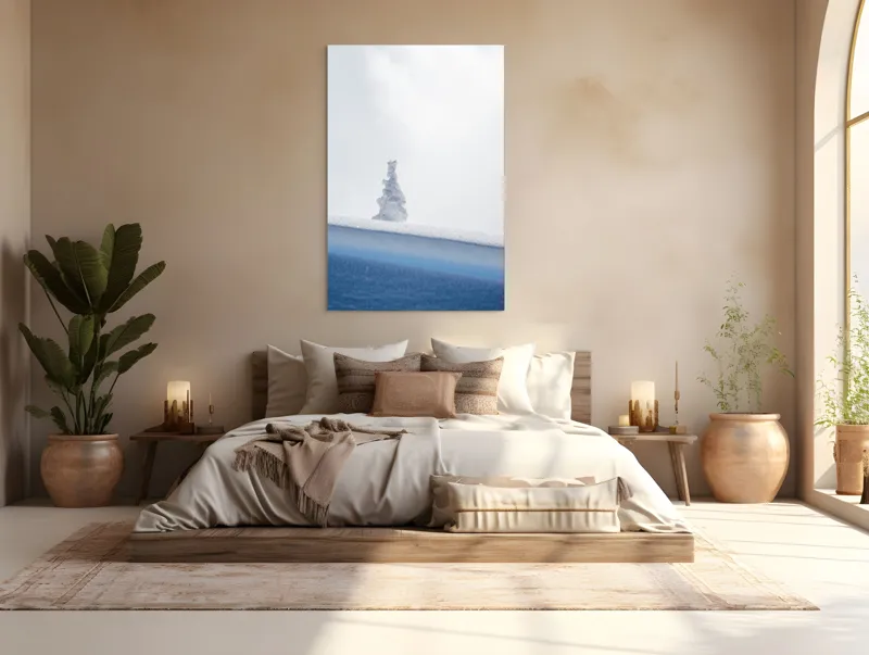 Tablou Canvas, "Singuraticul brad acoperit de nea", Alb, Singuratic, Înghețat, Cer, Tăcut, Contrastant, Peisaj., 100 x 150 cm – poza 3
