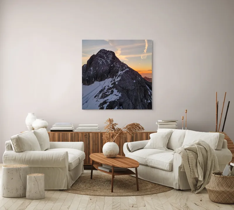 Tablou Canvas, "Vârf stâncos la apus splendid", Munte, Apus, Zăpadă, Cer, Nor, Siluetă, Cărare, Crepuscul, Contrast, Vârf, 100 x 100 cm – poza 3
