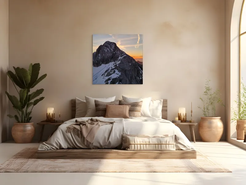 Tablou Canvas, "Vârf stâncos la apus splendid", Munte, Apus, Zăpadă, Cer, Nor, Siluetă, Cărare, Crepuscul, Contrast, Vârf, 100 x 100 cm – poza 4