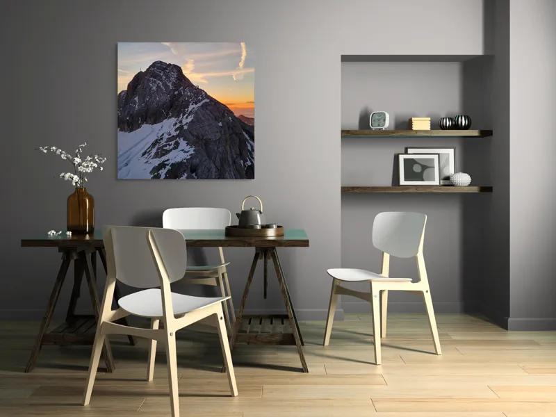 Tablou Canvas, "Vârf stâncos la apus splendid", Munte, Apus, Zăpadă, Cer, Nor, Siluetă, Cărare, Crepuscul, Contrast, Vârf, 100 x 100 cm – poza 6