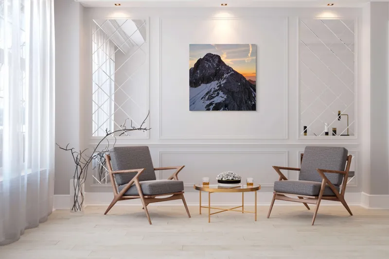 Tablou Canvas, "Vârf stâncos la apus splendid", Munte, Apus, Zăpadă, Cer, Nor, Siluetă, Cărare, Crepuscul, Contrast, Vârf, 100 x 100 cm – poza 7