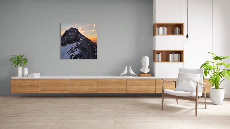 Tablou Canvas, "Vârf stâncos la apus splendid", Munte, Apus, Zăpadă, Cer, Nor, Siluetă, Cărare, Crepuscul, Contrast, Vârf, 100 x 100 cm – poza 8