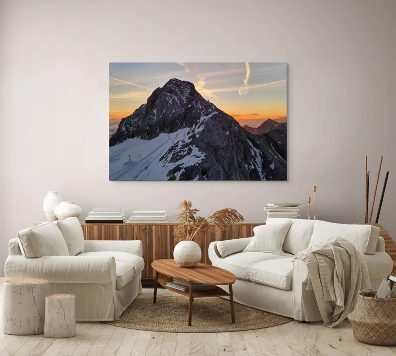 Tablou Canvas, "Vârf stâncos la apus splendid", Munte, Apus, Zăpadă, Cer, Nor, Siluetă, Cărare, Crepuscul, Contrast, Vârf, 150 x 100 cm – poza 3